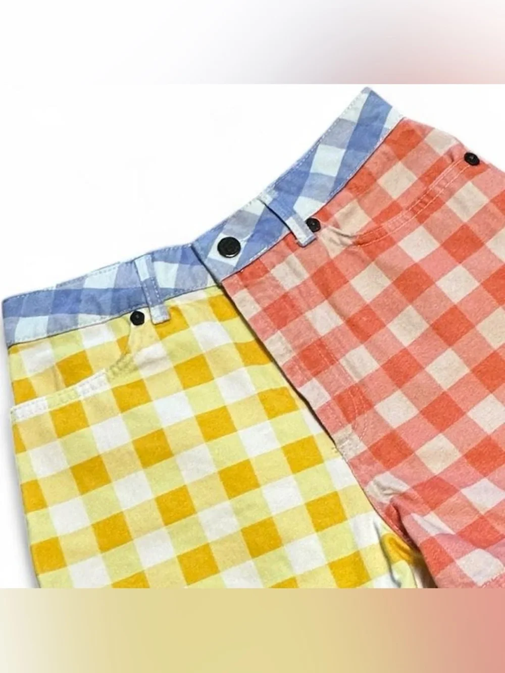 NWT FARM Rio Pastel Gingham Colorblock Denim Shorts - Yellow, Coral & Light Blue